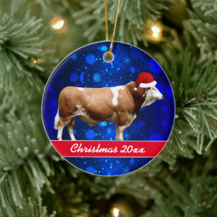 Simmental Bull and Santa HatCeramic Ornament