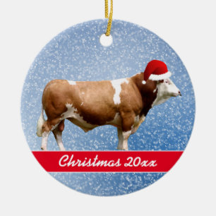 Simmental Bull and Santa HatCeramic Ornament