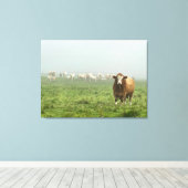 Simmental Bull in mistig weiland Canvas Afdruk (Insitu (Houten vloer))