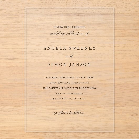 Simon Simple Elegant Wedding Acryl Uitnodigingen (Voorkant)