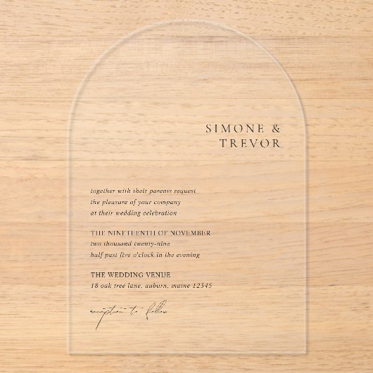 Simone Minimal Modern Wedding Acryl Uitnodigingen (Voorkant)