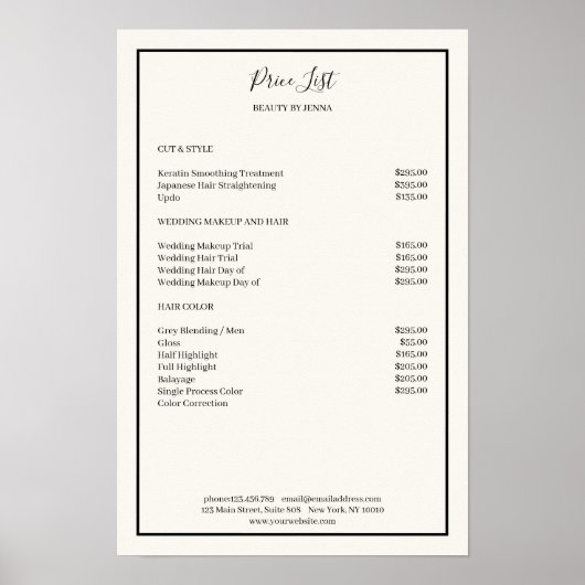 Simpel Beige Zwart Prijslijst Poster (Voorkant)