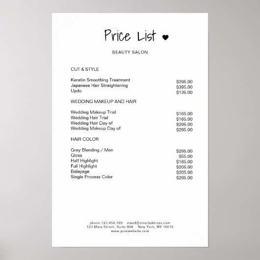 Simpel Black White Price List Poster (Voorkant)
