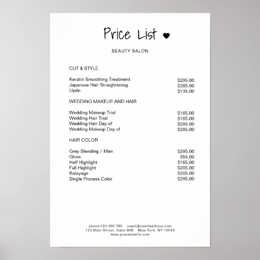 Simpel Black White Price List Poster (Voorkant)
