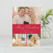 Simpel Elegante Prettig Kerst Script Rode 4 Foto Feestdagenkaart (Staand voorkant)
