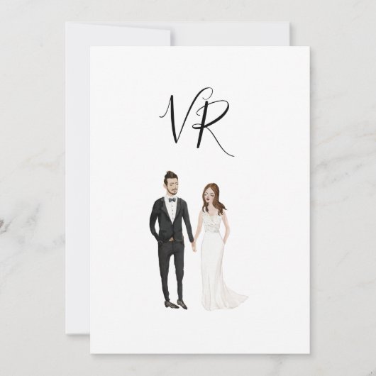 Simpel geïllustreerd paar zwarte pak save the date (Voorkant)