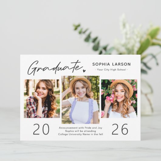 Simpel Graduate Script 3 Photo Collage Graduation Aankondiging (Staand voorkant)