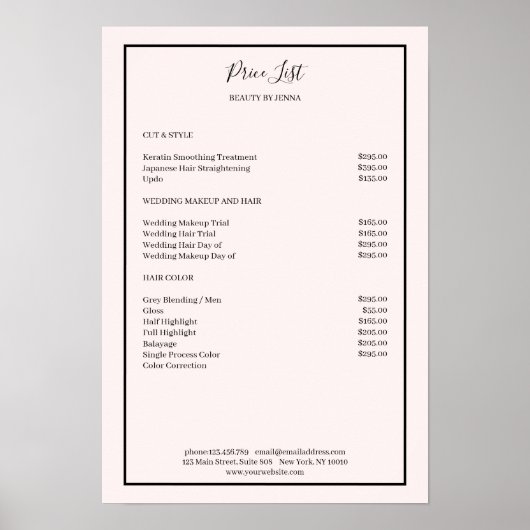 Simpel Lightroze Black Price List Poster (Voorkant)