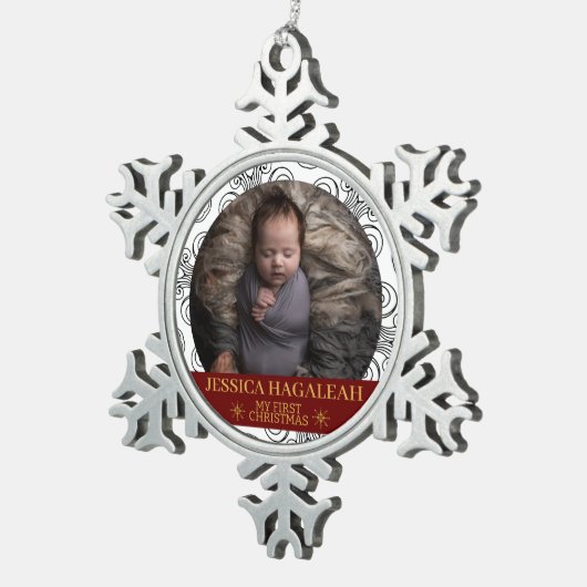 Simpel Mijn Eerste Kerstmis Gepersonaliseerde Baby Tin Sneeuwvlok Ornament (Rechts)