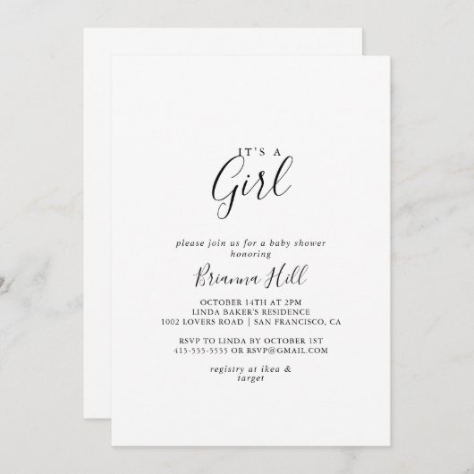 Simpel minimalistisch Het is een meisje Baby showe Kaart (Voorkant / Achterkant)