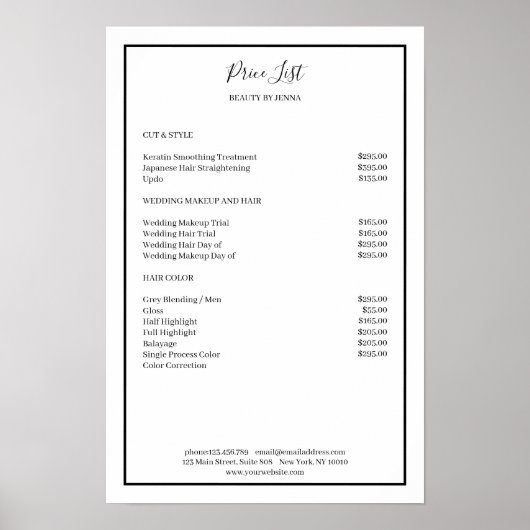 Simpel White — zwarte prijslijst Poster (Voorkant)