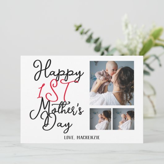 Simpele eerste Moederdag cadeau drie foto collage Feestdagenkaart (Staand voorkant)