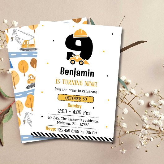 Simpele grappige bouwauto kinderen 9e verjaardag kaart