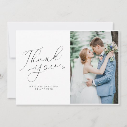 simpele script zwarte en witte trouwfoto bedankkaart (Voorkant)