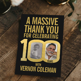 Simple 100th birthday photo black and gold bedankkaart