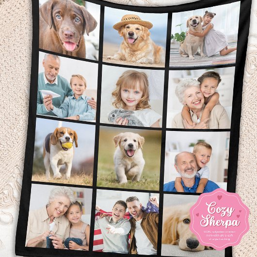 Simple 12 Picture Family Friends Pets Collage Sherpa Deken
