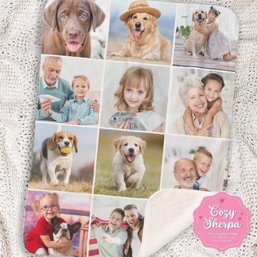 Simple 12 Picture Family Friends Pets Dog Collage Sherpa Deken