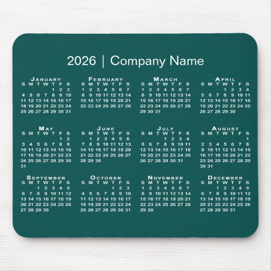 Simple 2026 Calendar Company Name on Blue-Green Muismat (Voorkant)