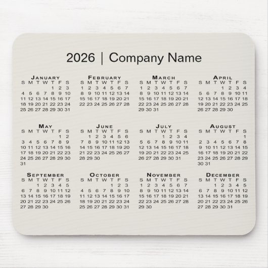 Simple 2026 Calendar with Company Name on Beige Muismat (Voorkant)