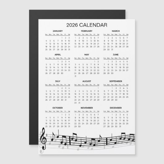 Simple 2026 Calendar with Musical Notes | Magnet (Voorkant / Achterkant)