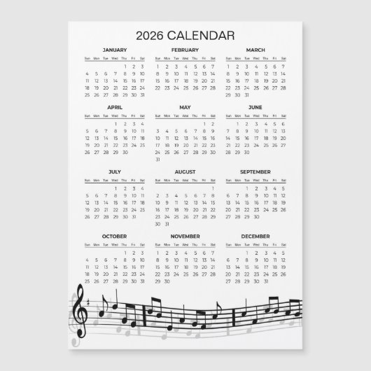 Simple 2026 Calendar with Musical Notes | Magnet (Voorkant)