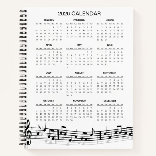 Simple 2026 Calendar with Musical Notes |  Notitieboek (Voorkant)