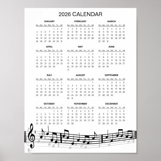 Simple 2026 Calendar with Musical Notes | Poster (Voorkant)