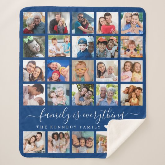 Simple 25 Photo Collage Quote Family Name Blue Sherpa Deken (Voorkant)
