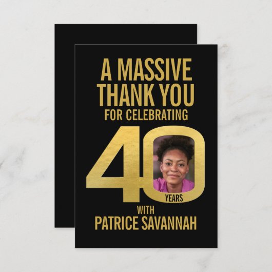 Simple 40th birthday photo black and gold bedankkaart (Voorkant / Achterkant)