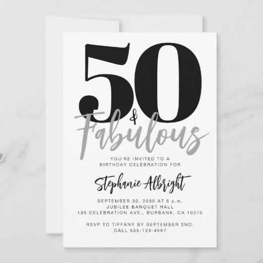Simple 50 and Fabulous Script 50th Birthday Party Kaart (Voorkant)