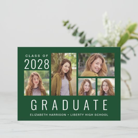 Simple 5 Photo Collage Green-Afstuderen Aankondiging (Staand voorkant)