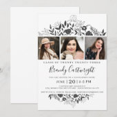 Simple Afstuderen Black White Floral 3 Foto Kaart (Voorkant / Achterkant)