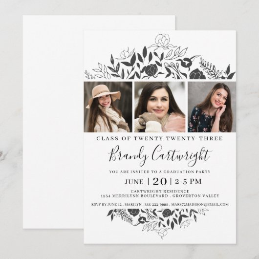 Simple Afstuderen Black White Floral 3 Foto Kaart (Voorkant / Achterkant)