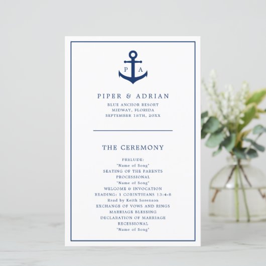 Simple Anchor Monogram Nautical Wedding Programme (Staand voorkant)