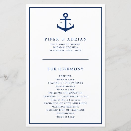 Simple Anchor Monogram Nautical Wedding Programme (Voorkant)