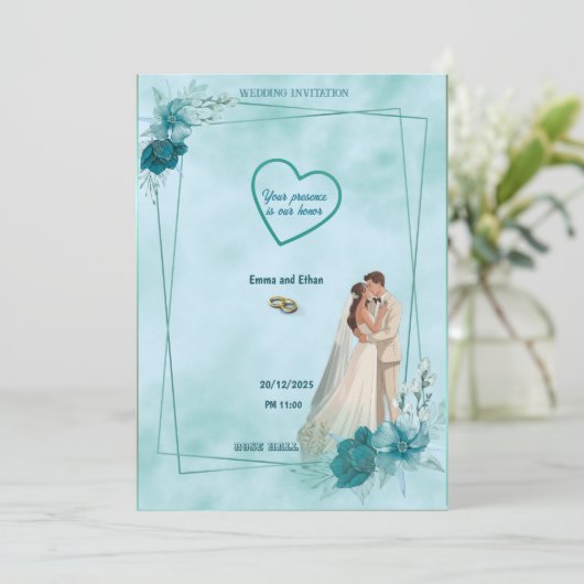 Simple and elegant wedding invitation in Sky Blue Kaart (Staand voorkant)