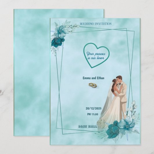 Simple and elegant wedding invitation in Sky Blue Kaart (Voorkant / Achterkant)