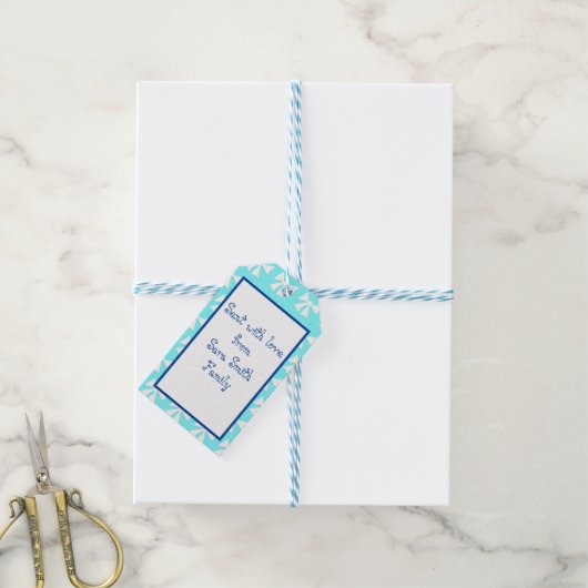 Simple Aqua Blue en White Bow Pattern Label Cadeaulabel (Met Touw)