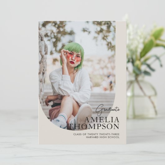 Simple Arch Light Beige Photo Collage Afstuderen Aankondiging (Staand voorkant)