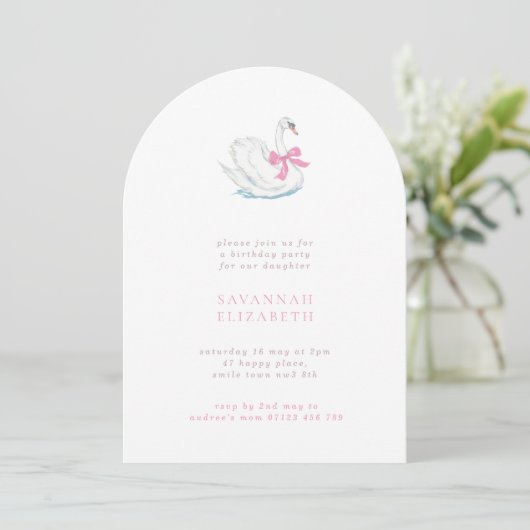 Simple Arch Swan & Pink Bow Girls Birthday Party Kaart (Staand voorkant)