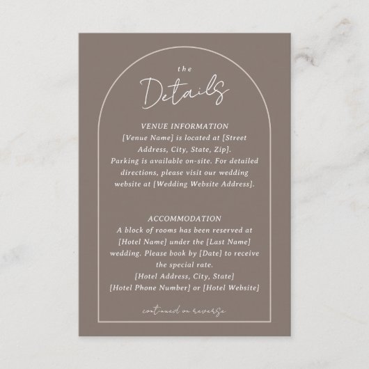 Simple Arched Border Wedding Custom Details Taupe Informatiekaartje (Voorkant)