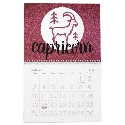 Simple Astrology Zodiac Glitter Birthstone Chart Kalender (Jan 2027)