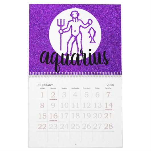 Simple Astrology Zodiac Glitter Birthstone Chart Kalender (Feb 2026)