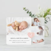 Simple Baby Girl Foto Collage Pink Monogram Heart Aankondiging (Staand voorkant)
