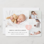 Simple Baby Girl Foto Collage Pink Monogram Heart Aankondiging (Voorkant)