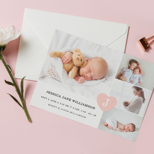 Simple Baby Girl Foto Collage Pink Monogram Heart Aankondiging