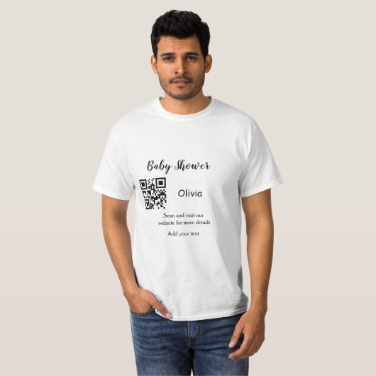 Simple baby shower website QR add name det T-shirt (Voorkant volledig)