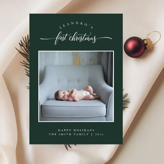 Simple Baby's eerste kerstfoto groen Feestdagenkaart