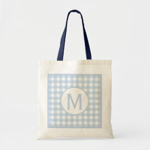 Simple Basic Faded Denim Blue Gingham Monogram Tote Bag