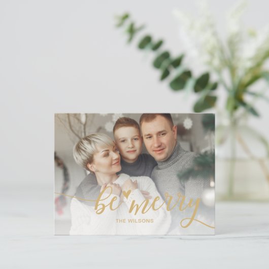 Simple Be Merry Heart Cute Script Gold photo Feestdagenkaart (Staand voorkant)